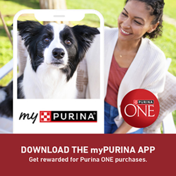 Woman with dog and myPurina app logo