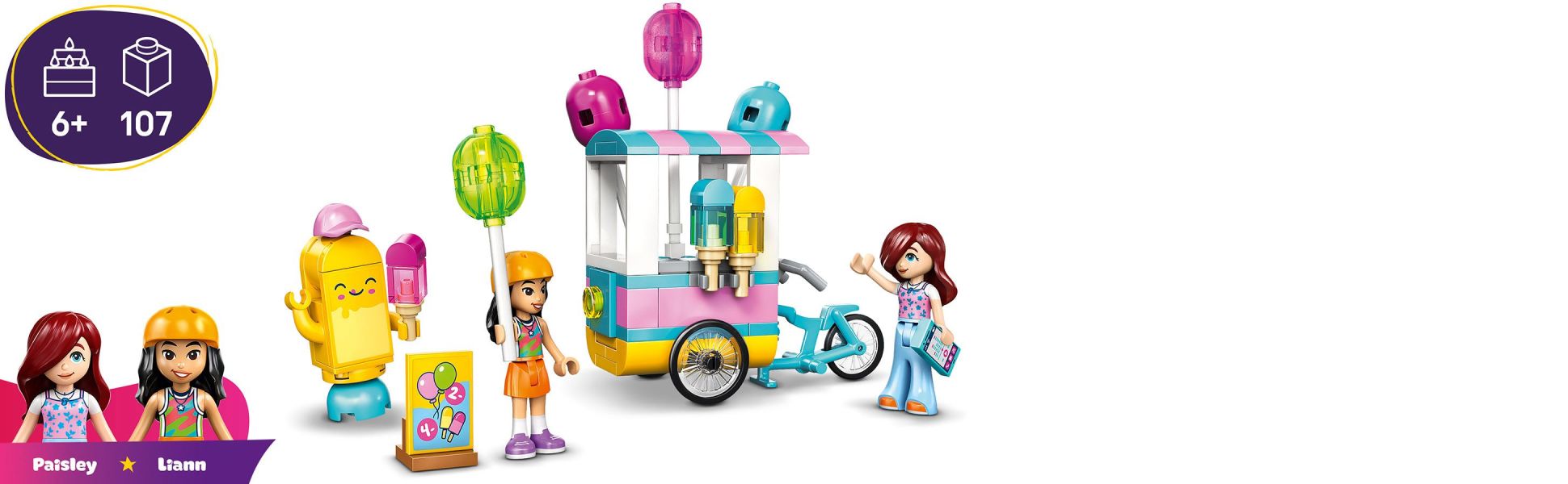 Kids can tell their own stories as the characters ride the toy bike with its built-in food stand, ready to sell balloons and ice pop treats.