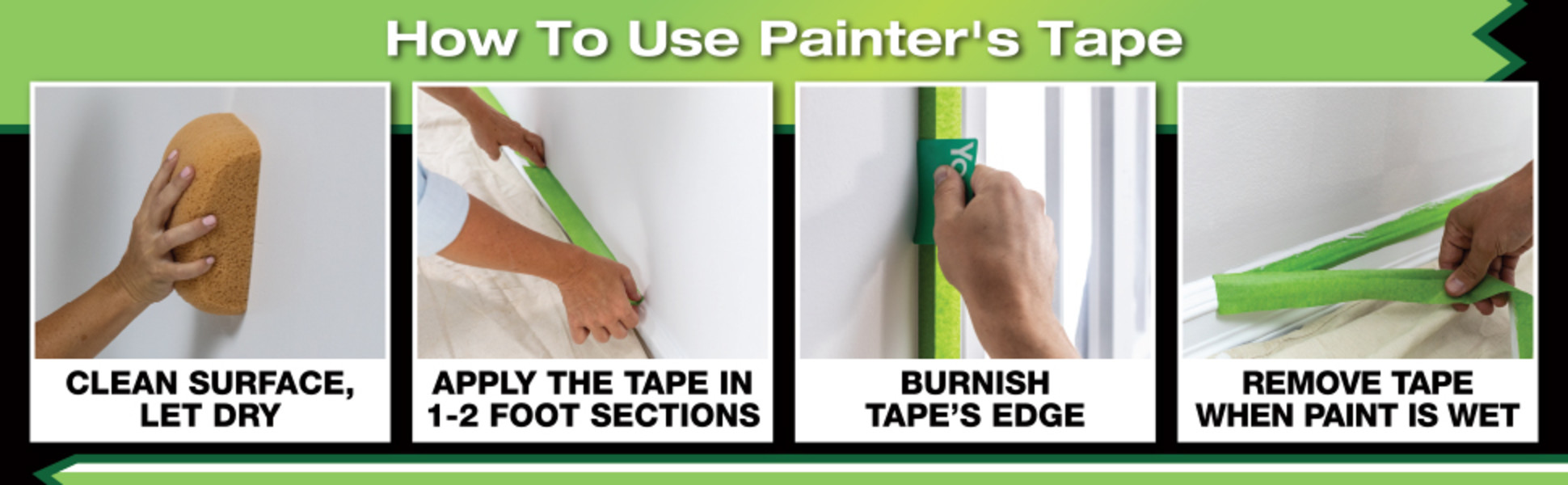 how to use painters tape clean surface let dry apply tape burnish tape edge remove when paint is wet