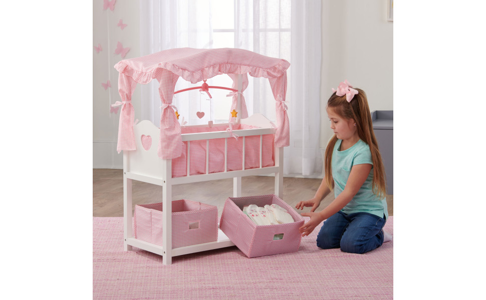 Canopy Doll Crib with Baskets Bedding and Mobile White Pink