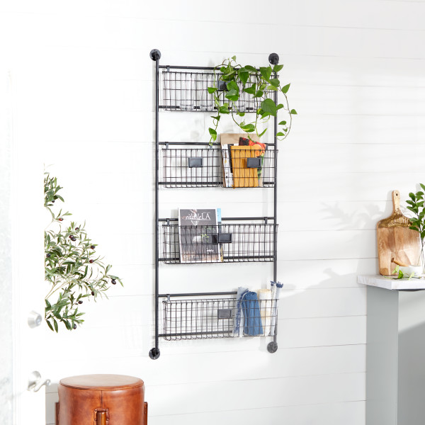 Industrial Wall Organizer with Two Label Slot Wire Bins & Five Hooks