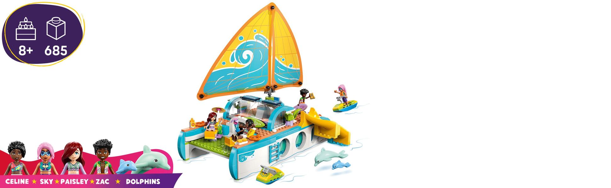 Comes with 4 minidolls and 2 dolphins so kids can role-play with the characters as they relax on the boat and spot sea life.