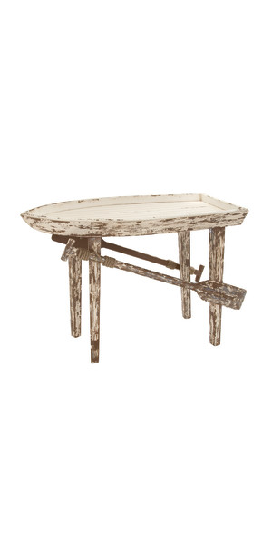 DecMode 49 x 33 White Wood Distressed Boat Shaped Tray Top Accent Table  with Oar Detailed Legs, 1-Piece 