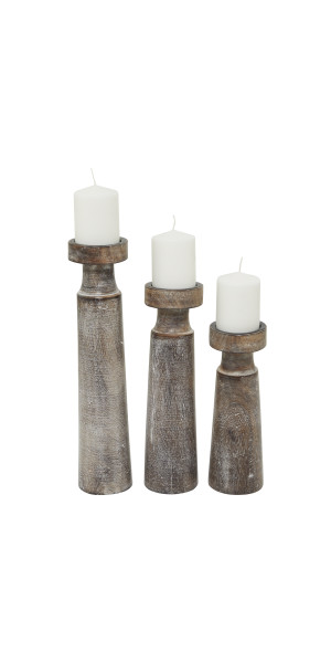 DecMode Distressed Brown Coastal Mango Wood Candle Holder, Set of 3, 6,  8, 10H 