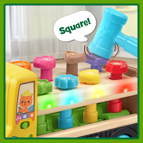 Truck says Square! Kid taps the purple square nail with the plastic hammer.
