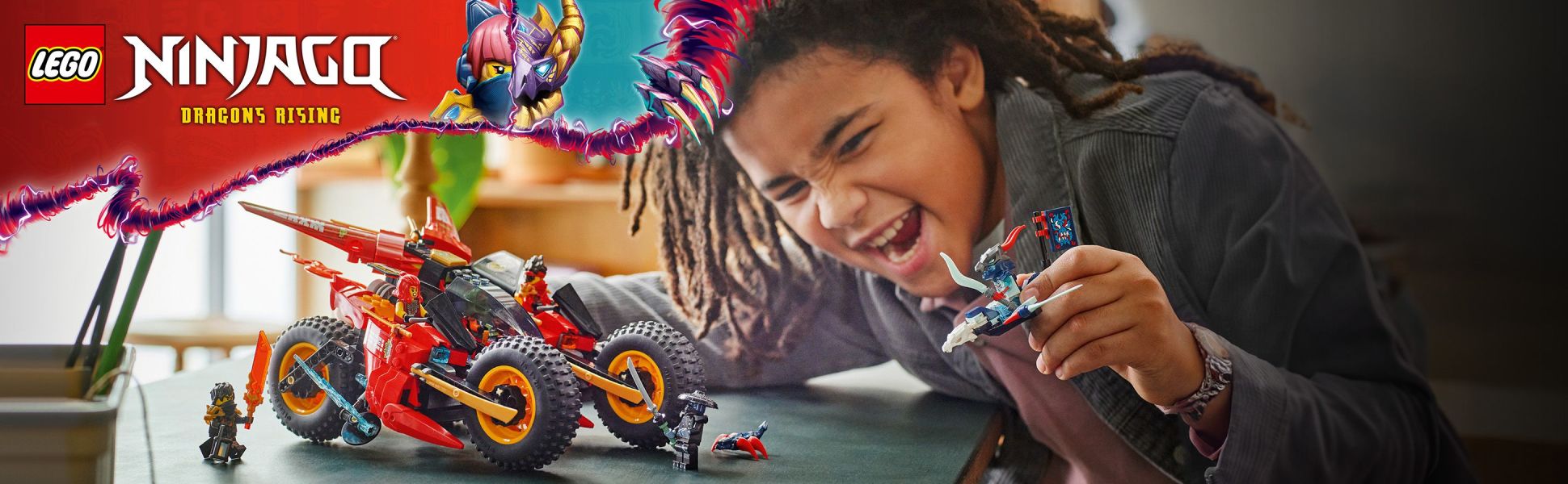 NINJAGO vehicle can be separated into 3 smaller vehicles: Kai’s ninja bike, Wyldfyre’s ninja bike and Frak’s aircraft jet.