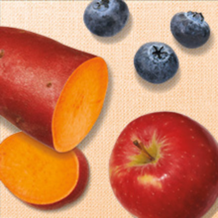 Plain background with blueberries, sweet potato, and an apple on it