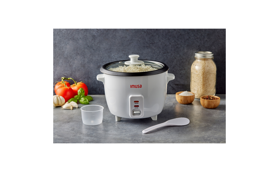 IMUSA UL-Listed 6-Cup Rice Cooker, White Metal Housing, Keep Warm Setting, Removable Non-Stick Bowl, Tempered Glass Lid