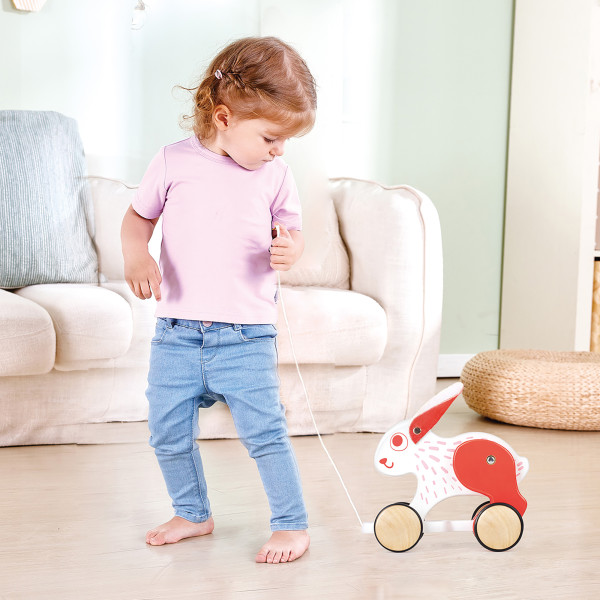 Hape: Pull Along - Bunny - White & Red - Wooden Animal Toy, Rubber