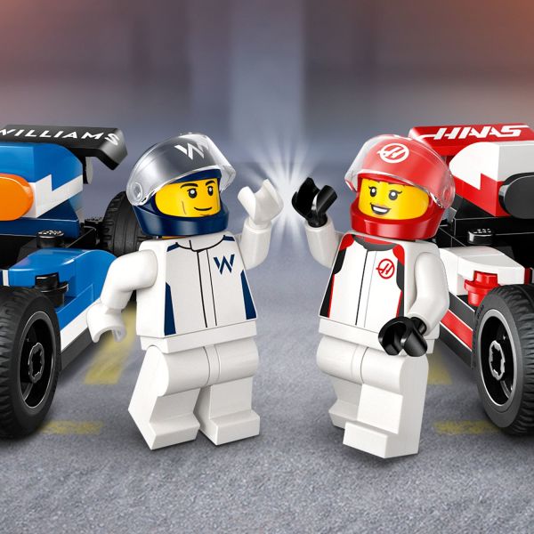 Comes with Williams Racing and Haas F1 driver minifigures.
