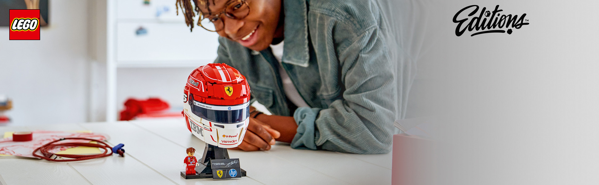 Craft awesome F1 merch with this LEGO Editions Scuderia Ferrari HP Charles Leclerc Helmet set for kids ages 14 and up.