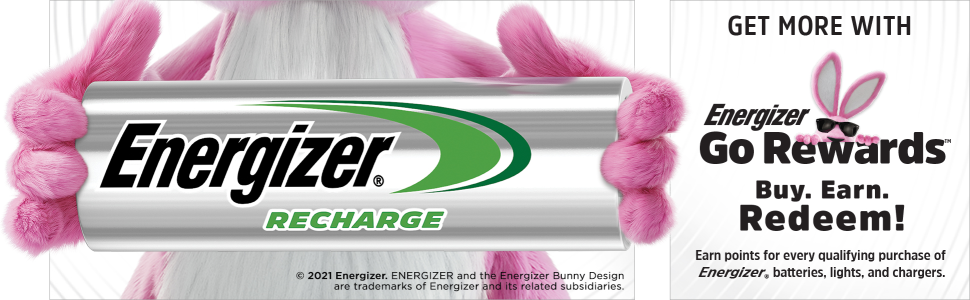The Energizer Bunny is holding a large Energizer Recharge battery