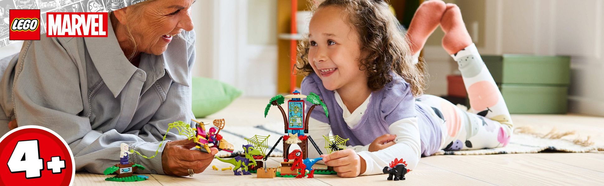 Build-and-play Super Hero stegosaurus and raptor dinosaur toy for fans of Spidey And His Amazing Friends aged 4 and up.