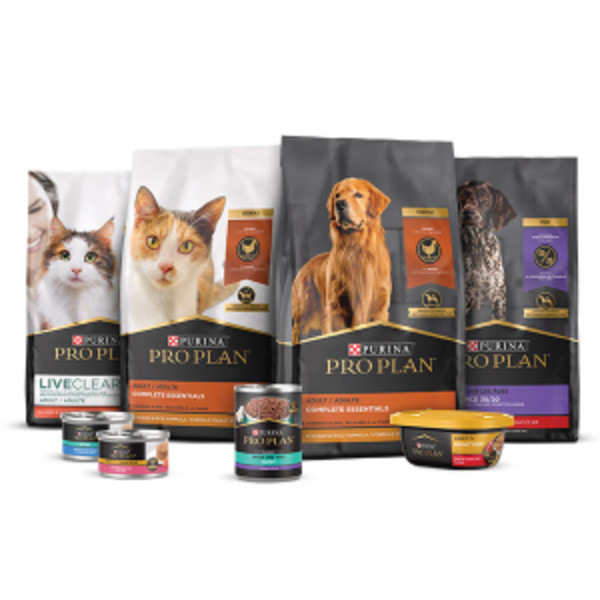 Group shot of advanced Purina Pro Plan food for dogs and cats