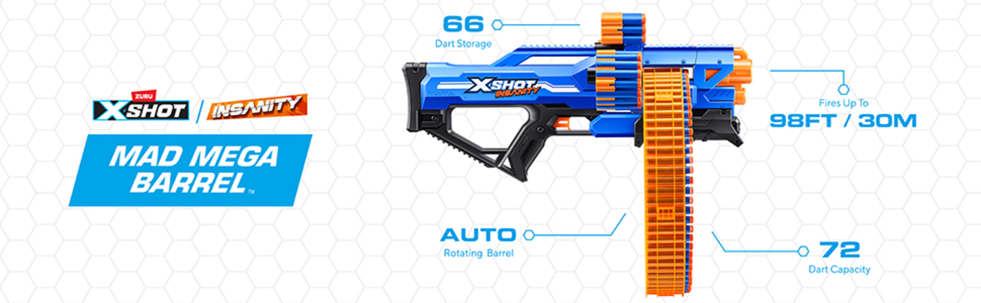 XSHOT X-Shot Insanity Mad Mega Barrel par ZURU avec 138 fléchettes, fléchettes Air Pocket Technology et Stockage de fléchettes