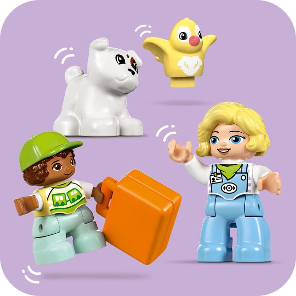 Includes adult, child, chicken and dog figures.