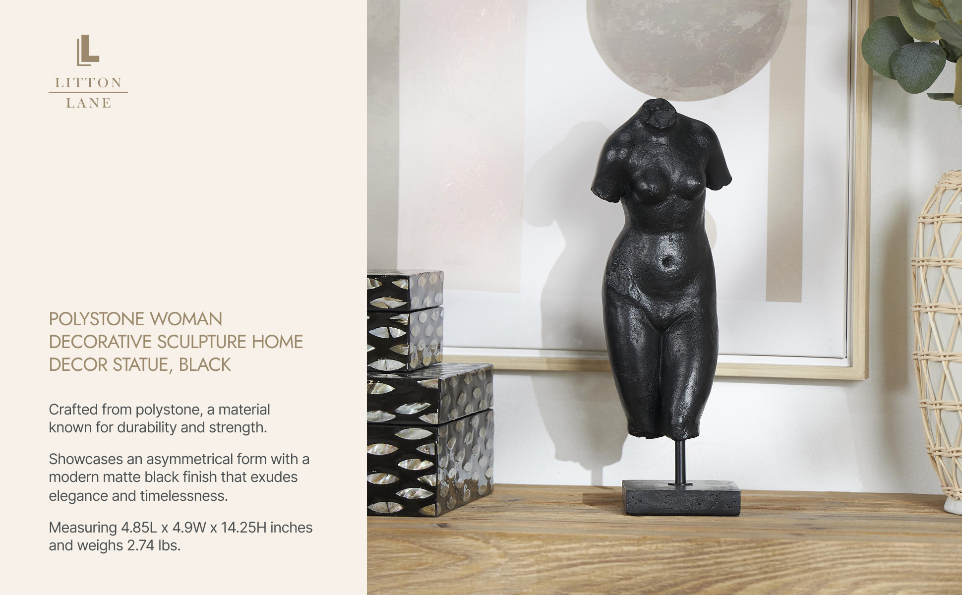 Litton Lane 5 in. x 14 in. Black Polystone Woman Sculpture 043761