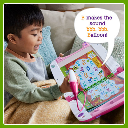 Kid listens and reads letter along with book. B makes the sound bbb, bbb. Balloon!