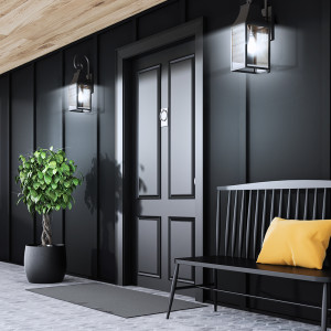 Medium shot of entryway at night and outdoor lights turned on speaks to the ability of having your lights work with your daily routine.