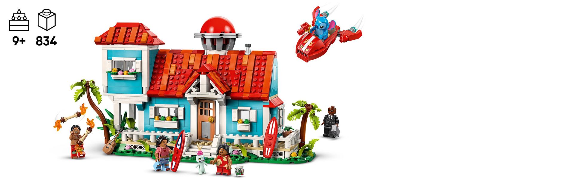 Buildable kit gives kids 5 LEGO | Disney minifigures, a 2-level beach house, a spaceship and more to drive imaginative play.