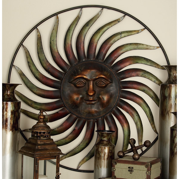 DecMode Brass Metal Sun Wall Decor with Distressed Copper Like Finish 