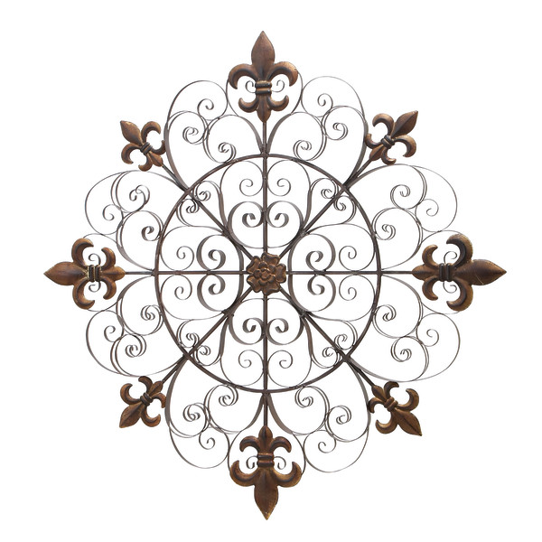 DecMode Brown Metal Scrollwork and Fleur De Lis Wall Decor 