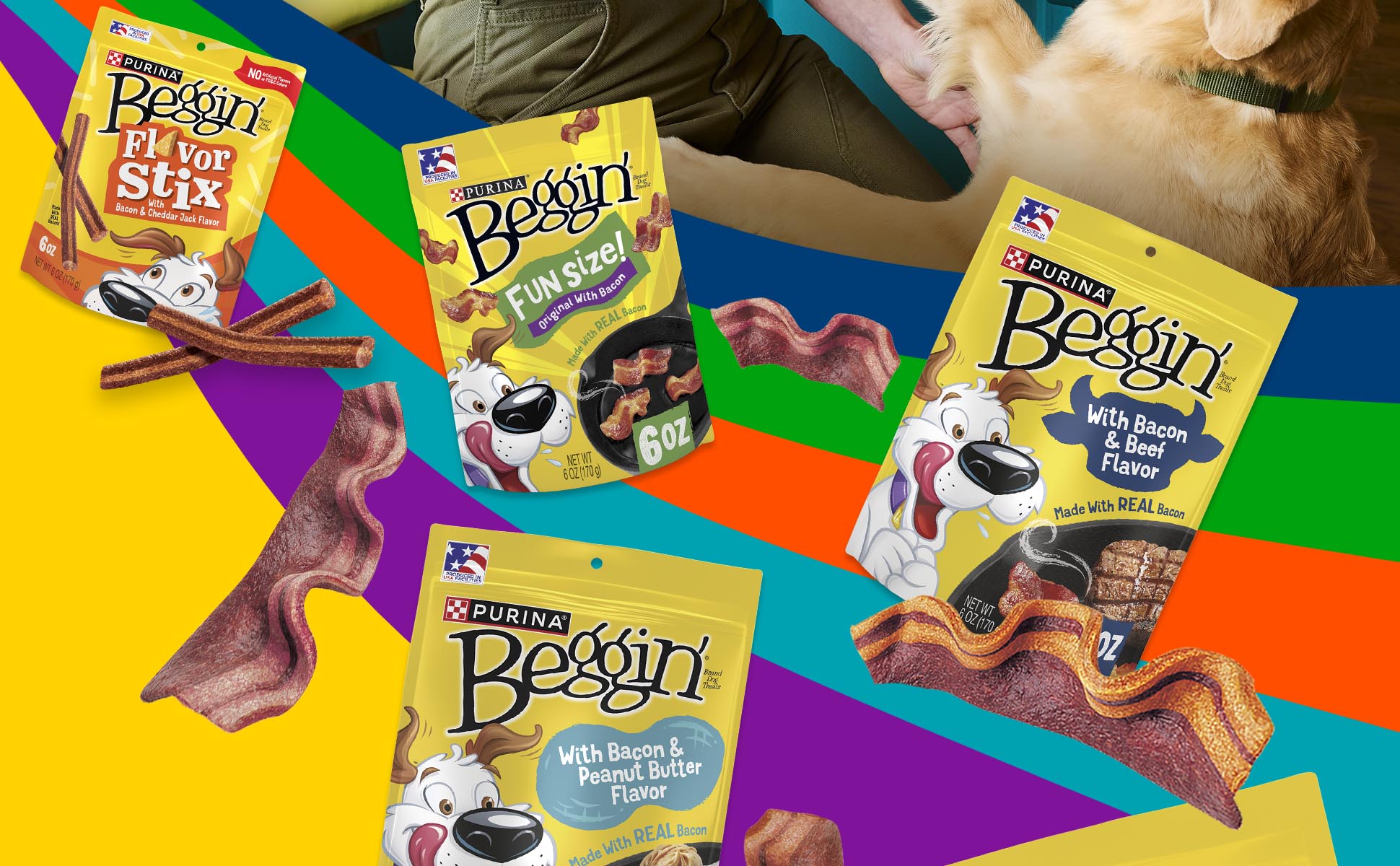 A variety of packages and products cascading along stripes of color, featuring: Beggin’ Flavor Stix with Bacon & Cheddar Jack Flavor, Beggin’ Fun Size Original with Bacon Flavor, Beggin’ with Bacon & Peanut Butter Flavor and Beggin’ with Bacon & Beef Flavor.