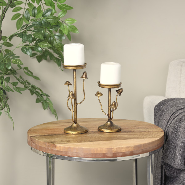 DecMode 2 Candle Gold Metal Abstract Mushroom Inspired Candle Holder, Set  of 2