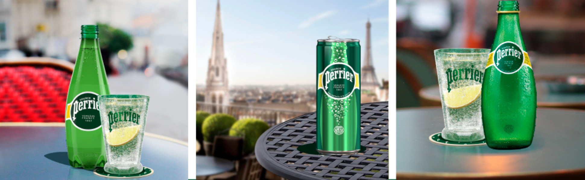 Perrier sparkling mineral water bottles and can with lemon