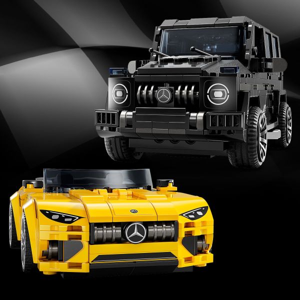Build 2 LEGO Mercedes-AMG toys cars in the same playset.
