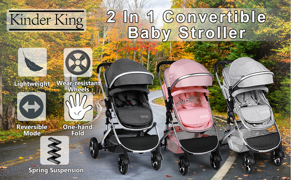 Kinder King Cochecito de bebé reversible 3 en 1 con bandeja desmontable,  convertido en cochecito de cuna para recién nacido, carro plegable para  niños