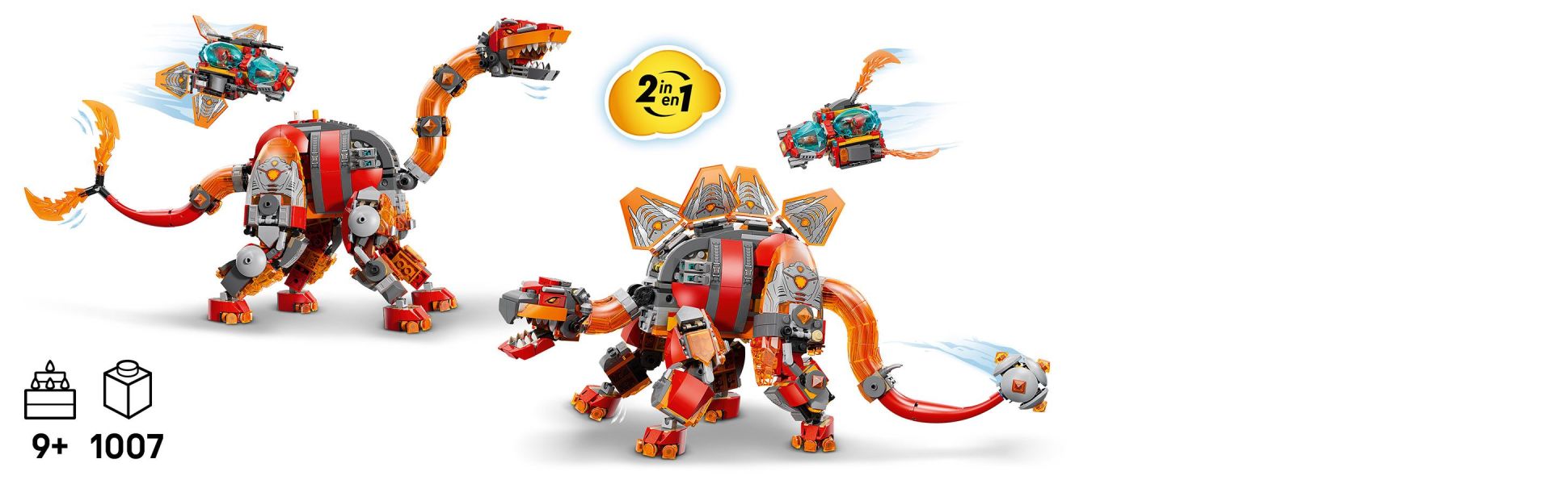 Kids can build a lava-born brontosaurus dinosaur with a twin tail, or an armored stegosaurus with a blazing club tail.