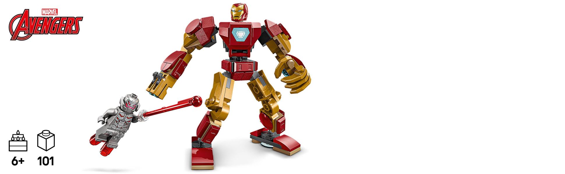 The fully jointed mech has movable arms, legs and fingers and the torso opens to reveal a cockpit for the Iron Man minifigure.