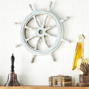 Litton Lane Wood Blue Ship Wheel Sail Boat Wall Decor with Distressing ...