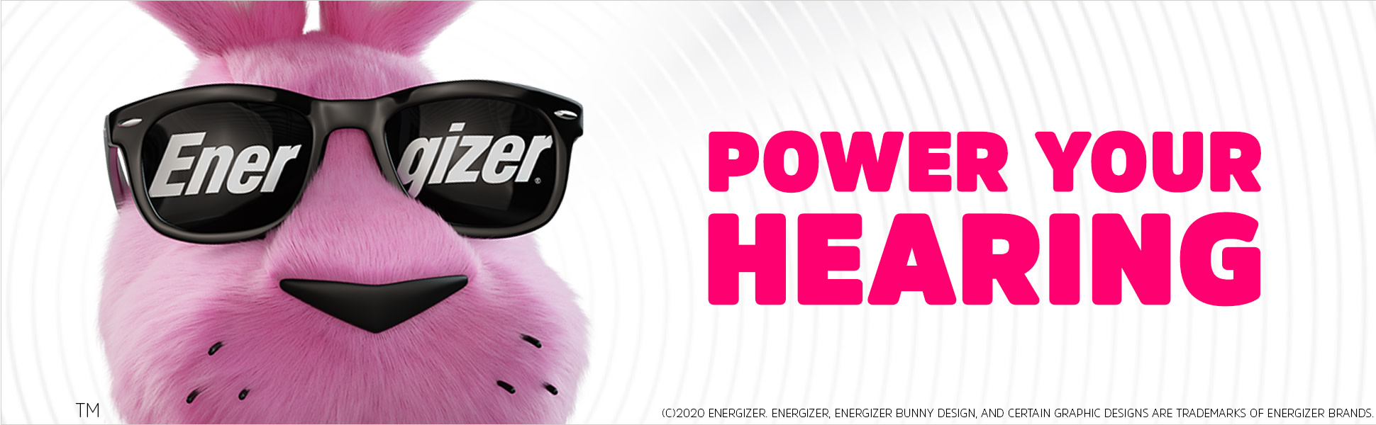 Closeup image of the pink Energizer Bunny wearing black sunglasses that say Energizer on them.