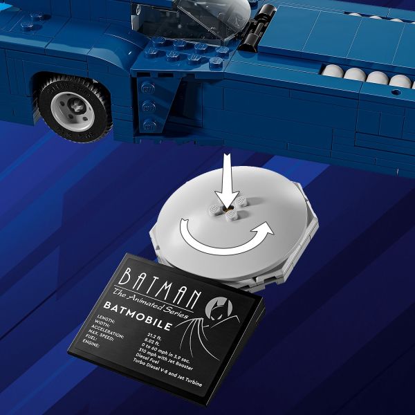 A rotatable stand gives a 360-degree view of the toy car.