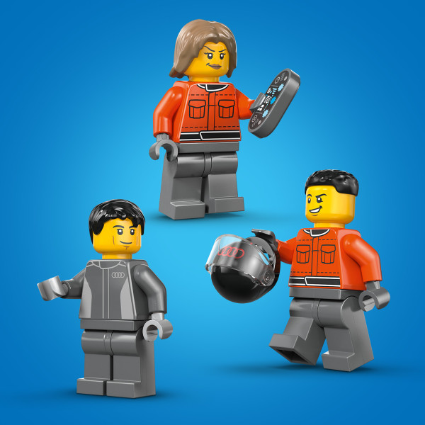Includes an Audi F1 racing driver and 2 pit crew minifigures.