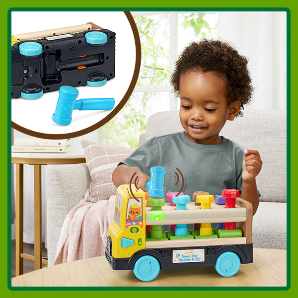 Kid hammers while listening to toy instructions. Inset shows storage space under truck.