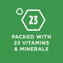 A scientific graphic on a green background says Packed With 23 Vitamins & Minerals.