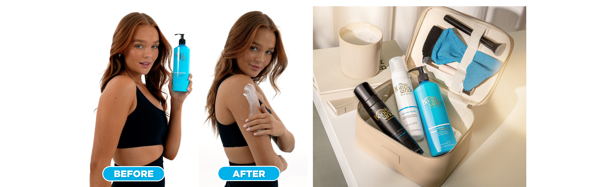 Before and After image of a woman using Bondi Sands Everyday Gradual Tanning Milk.