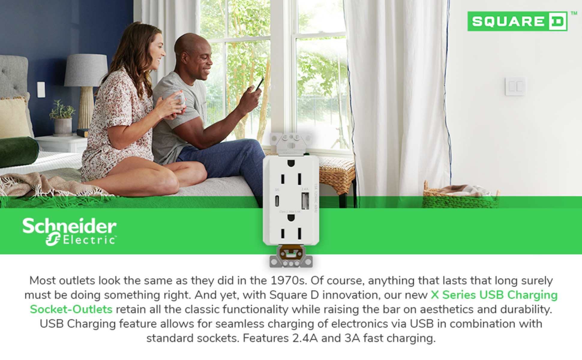 Square D X Series 15 Amp 125-Volt Tamper Resistant Indoor USB A/C