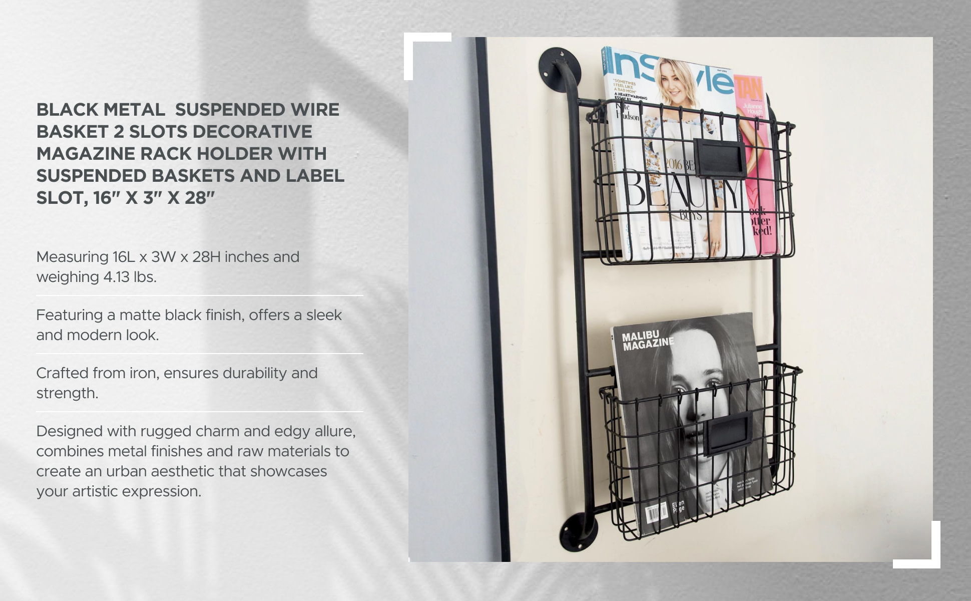 Litton Lane Black Wall Mounted Magazine Rack Holder with Suspended