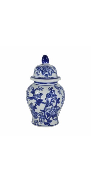 Cer, 10" Temple Jar Bird/flower, Blue