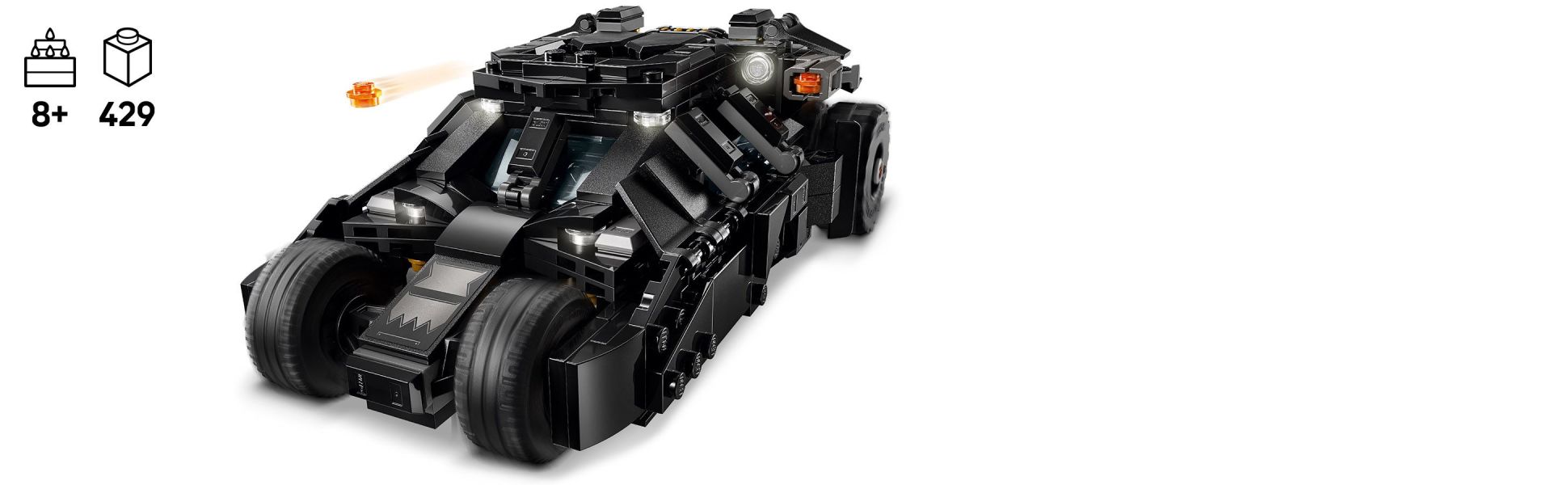 The Tumbler has a flame attached to the tailpipe and opens for access to an instrument panel and cockpit for the minifigure.