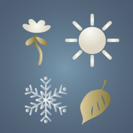 An illustration of a flower, sun, snowflake, and leaf in a 2X2 pattern on a blue background representing the four seasons