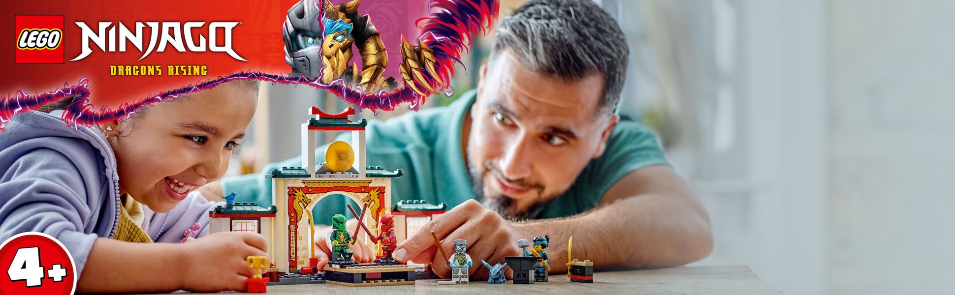 Ninja Spinjitzu Temple lets kids aged 4 and up learn how to build and role-play stories with 4 minifigures and a dragon toy.