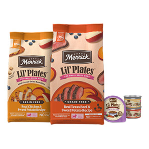 Merrick Lil Plates Small Breed dog food. Packaging shot with Dry dog food and wet dog food recipes