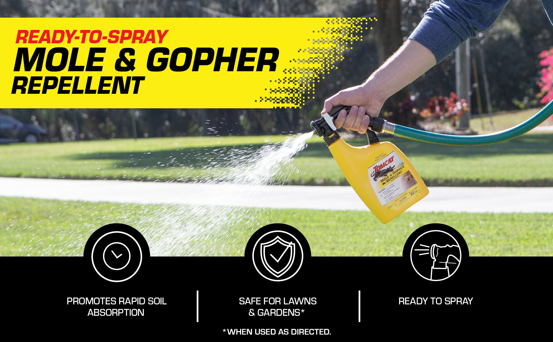 Ready-To-Spray Mole and Gopher Repellent, water hose attached to bottle, spraying