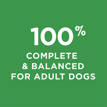 A graphic on a green background says 100% Complete & Balanced For Adult Dogs.