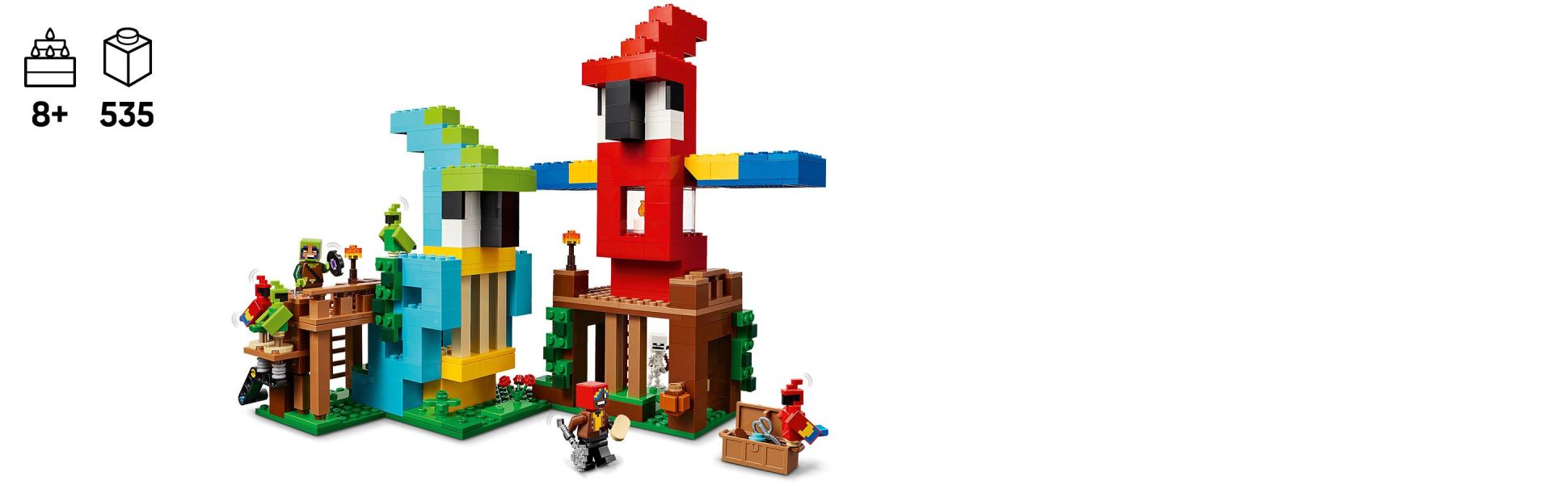 The red parrot-shaped house has folding wings and crafting equipment and the blue one has a jukebox and dancing parrots.